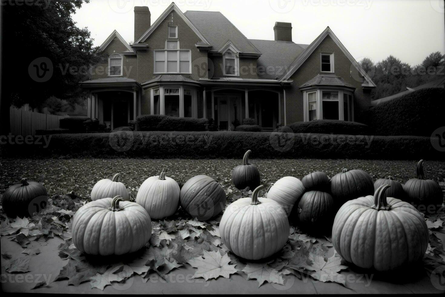 ein schwarz und Weiß Foto von Kürbisse im Vorderseite von ein Haus. ai generiert