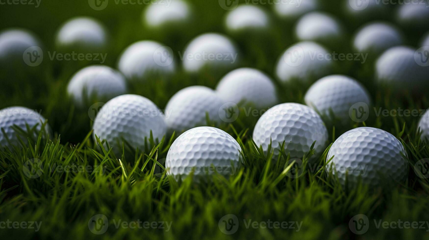 generativ ai, schließen oben Golf Bälle auf Grün Gras, Golf Kurs Hintergrund foto