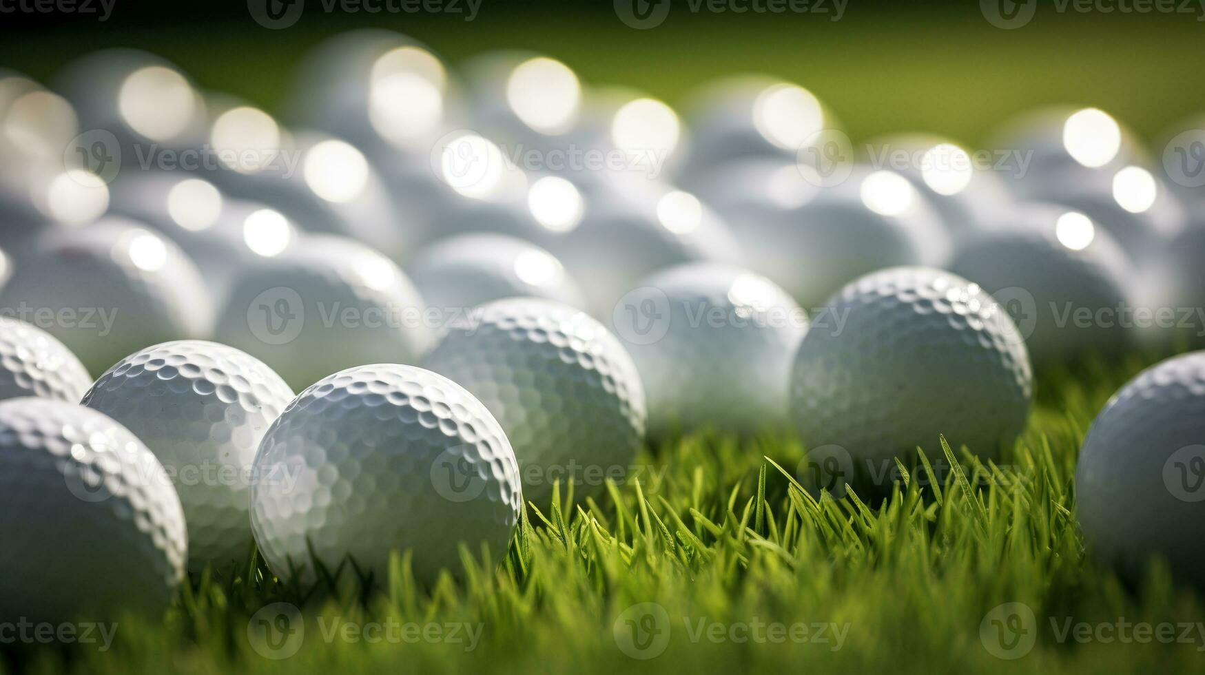 generativ ai, schließen oben Golf Bälle auf Grün Gras, Golf Kurs Hintergrund foto