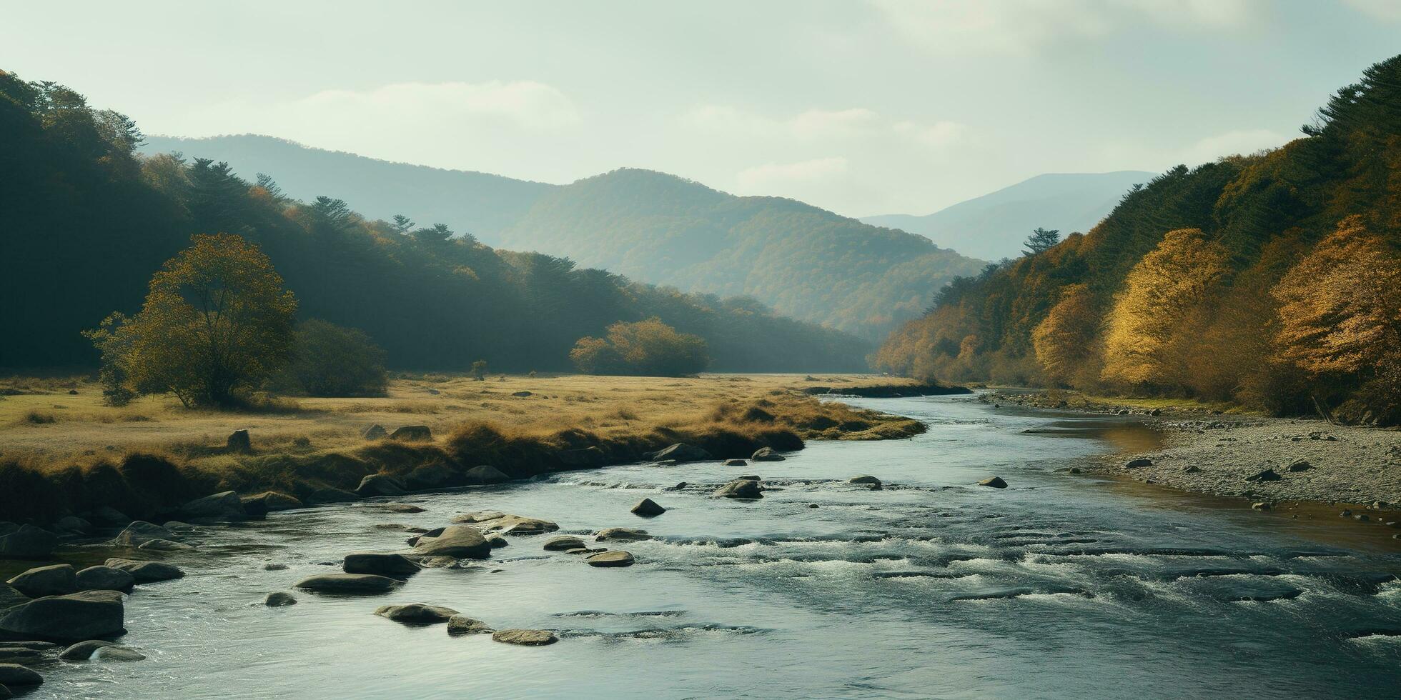 generativ ai, Herbst ästhetisch Landschaft Panorama, stumm geschaltet neutral Farben. foto