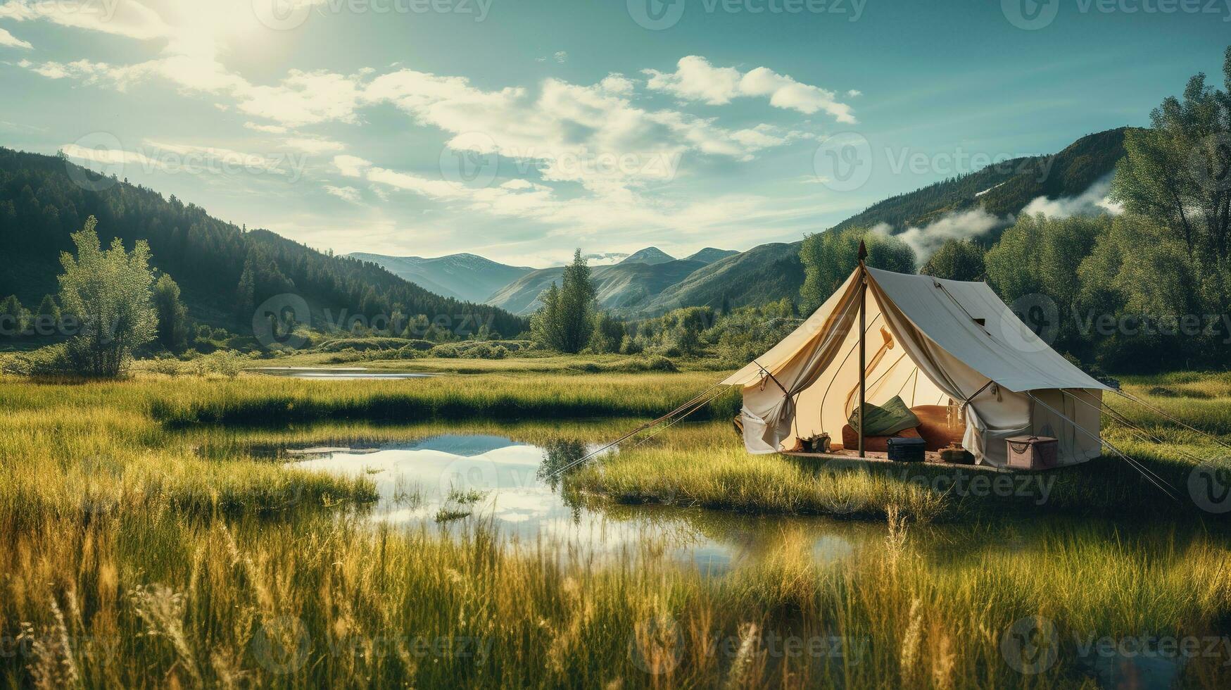 generativ ai, Camping draussen Konzept in der Nähe von das See oder Fluss, Tourist Lager auf das schön Grün Landschaft mit Berge foto