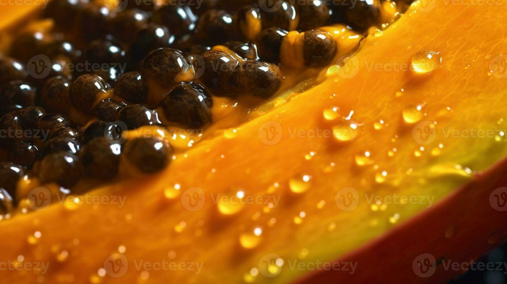 generativ ai, Makro frisch Hälfte von Papaya Obst Hintergrund. tropisch exotisch Nahansicht Foto mit Tropfen