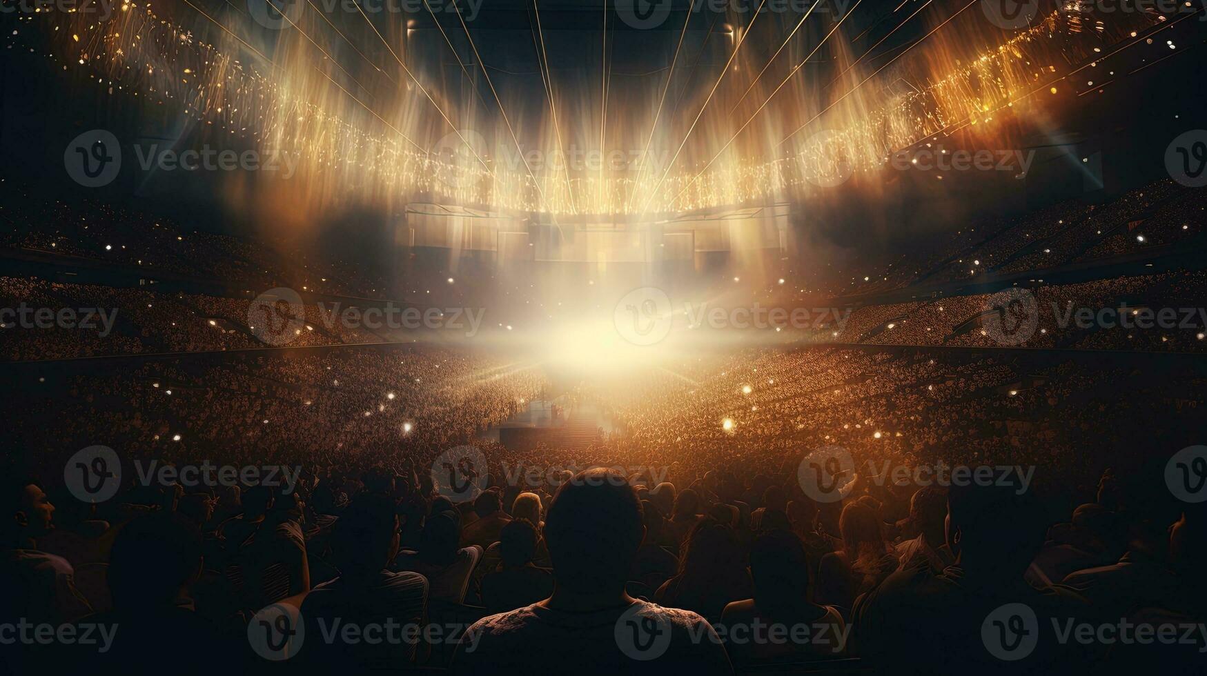 generativ ai, Menschen Menge auf Musik- Felsen Festival Konzert im Stadion, groß Bühne zündete durch Scheinwerfer. foto