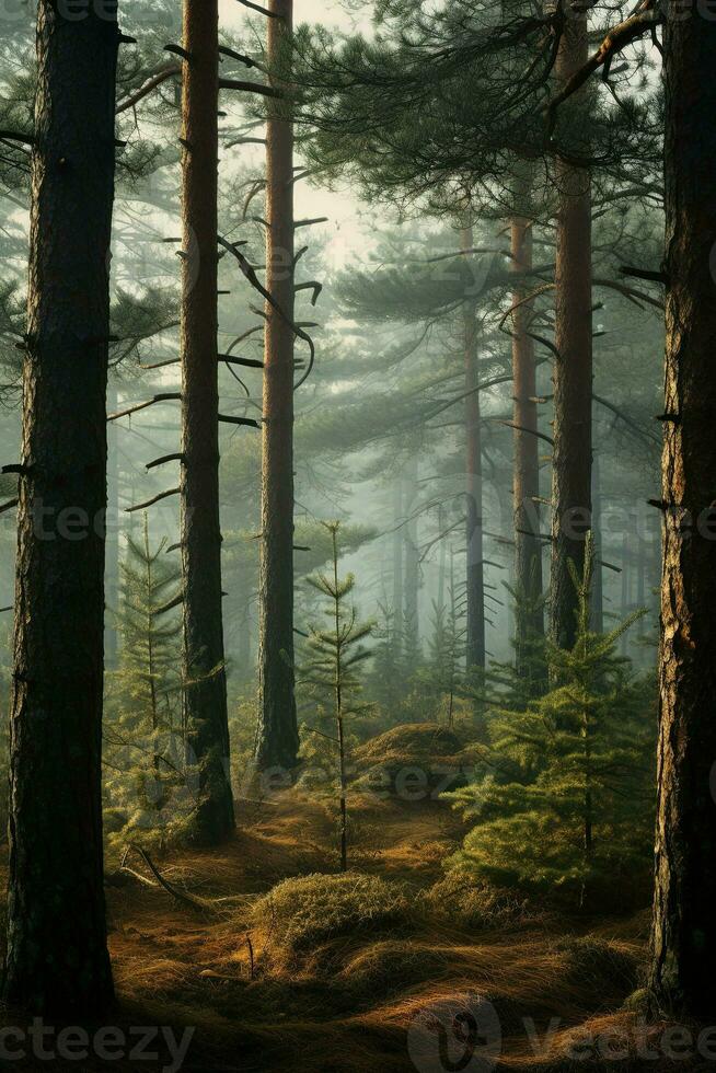 generativ ai, neblig Tanne Wald schön Landschaft im Hipster Jahrgang retro Stil, nebelig Berge und Bäume. foto