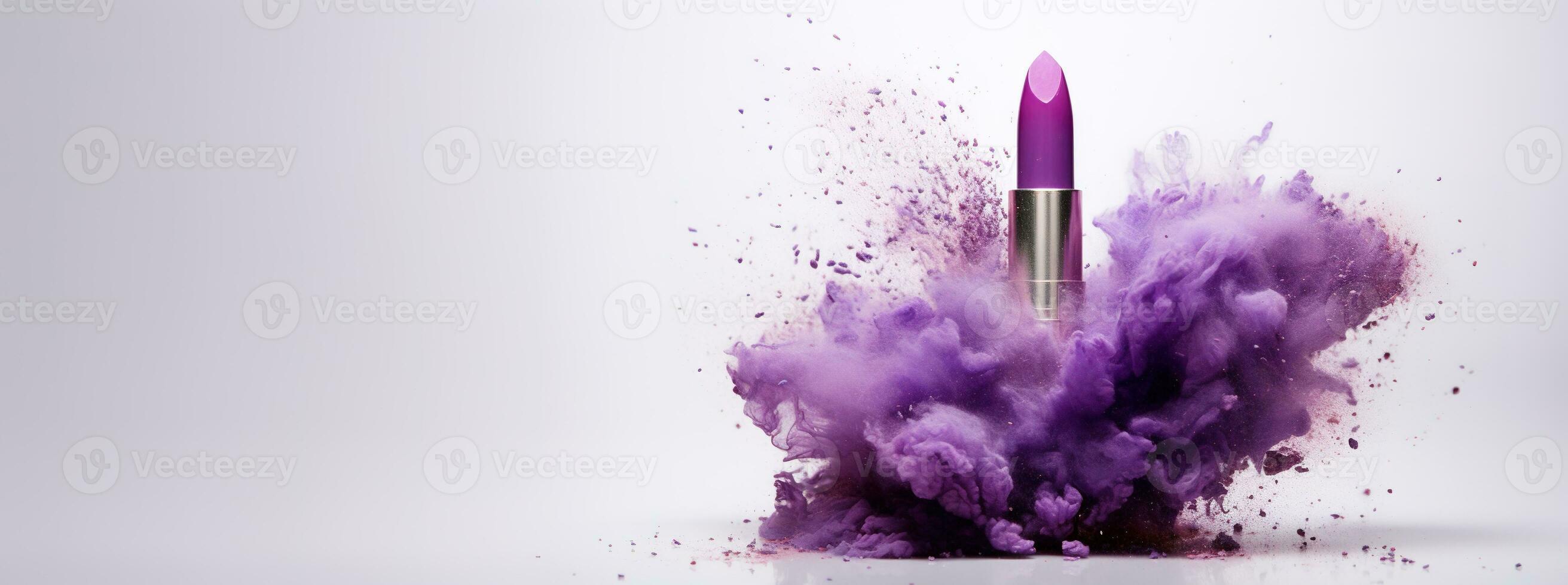 generativ ai, lila Lippenstift, Pulver spritzt und Rauch auf lila Hintergrund. foto