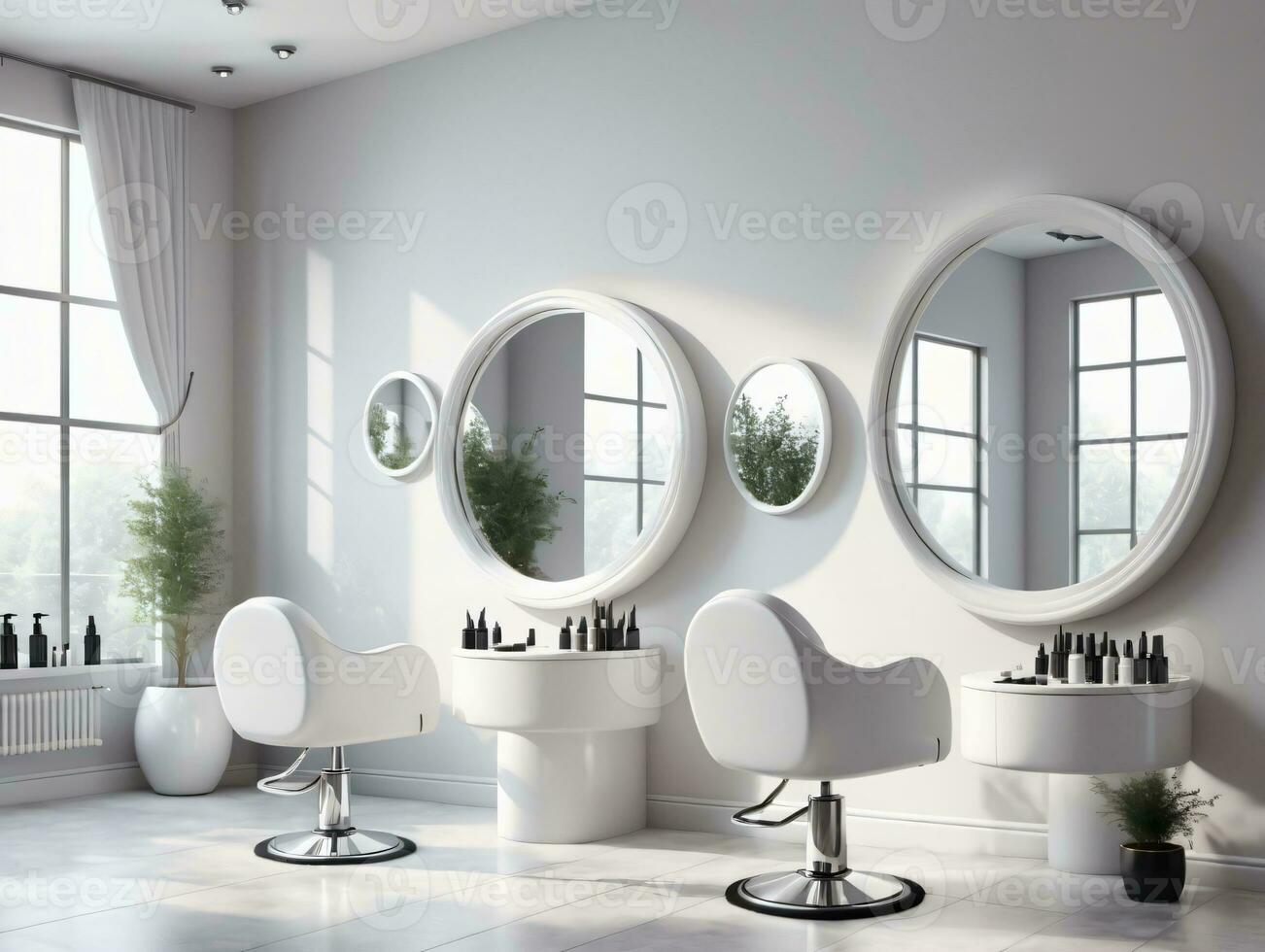 ein Weiß Zimmer mit drei runden Spiegel auf das Mauer. ai generiert foto