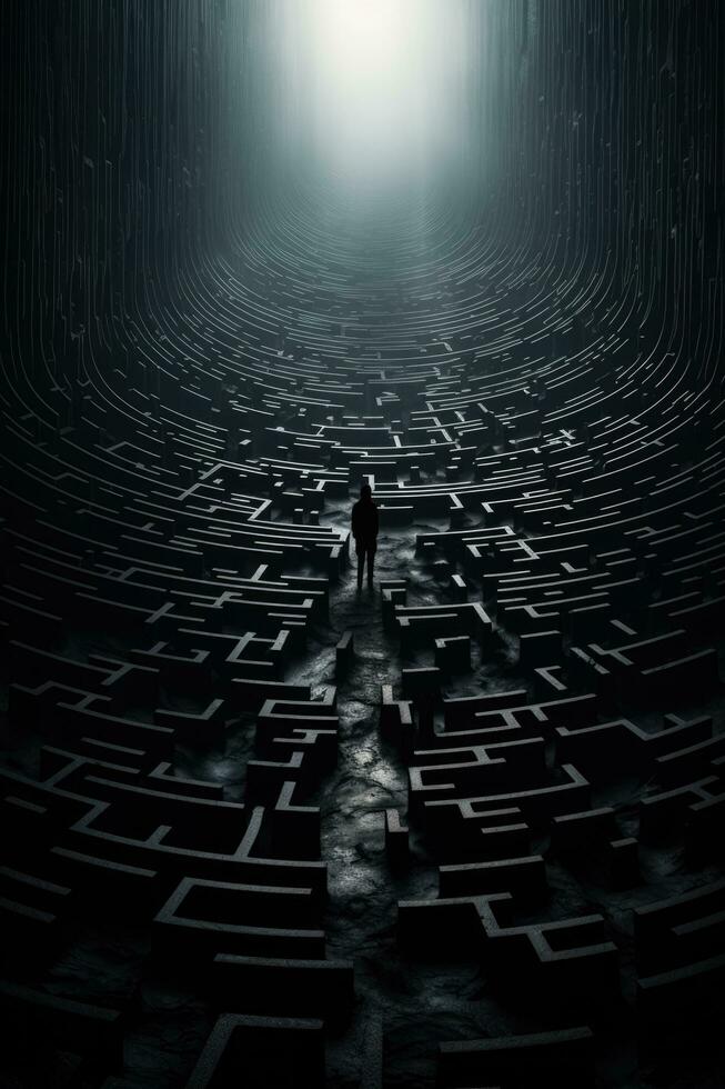 ein Labyrinth verschmelzen mit ein schattig Zahl Darstellen verwirrend Traum Sequenzen foto