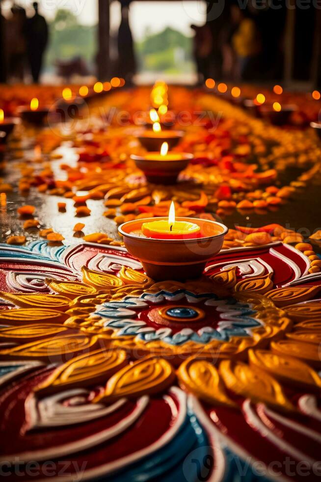 erarbeiten symmetrisch Rangoli Designs Umarmen das Boden während lebhaft Diwali Feierlichkeiten foto