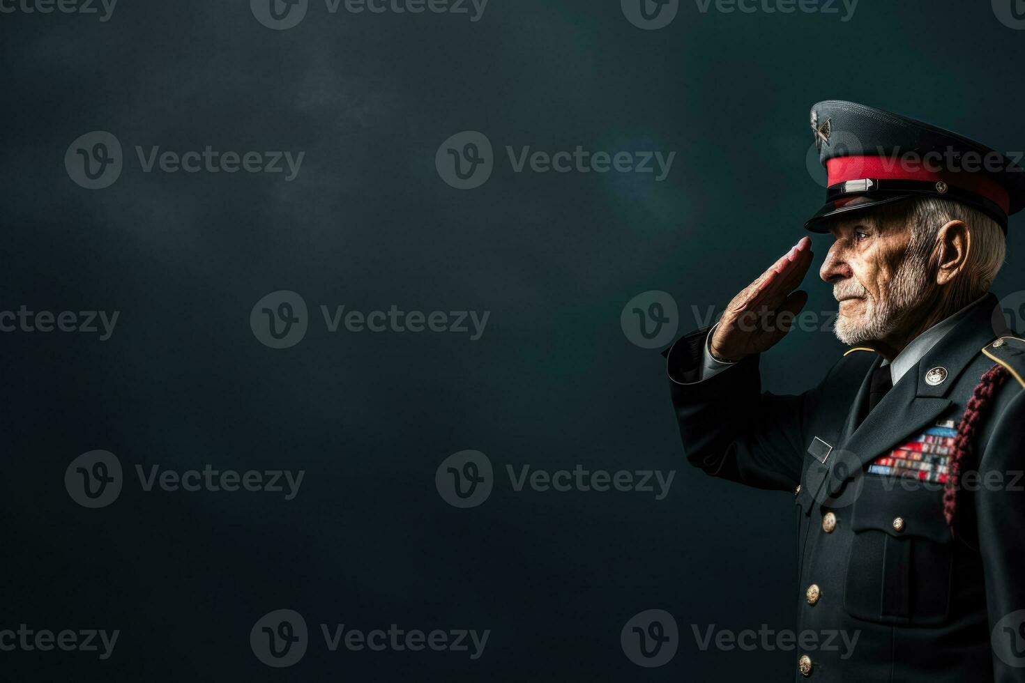 dekoriert Veteranen im Uniform salutieren Hintergrund mit leeren Raum zum Text foto