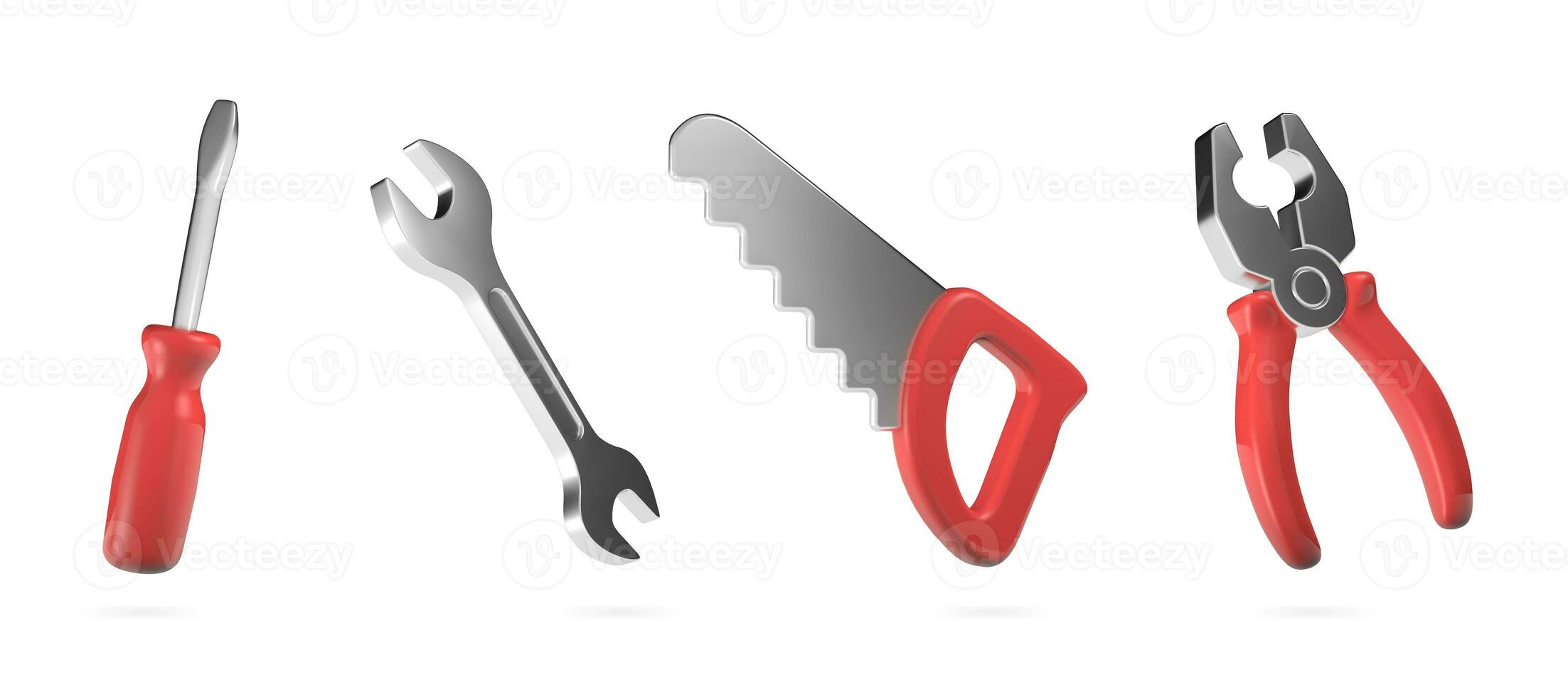 Reparatur Werkzeuge 3d machen Illustration auf isoliert Weiß Hintergrund. Schraubendreher, Schlüssel, Handsäge, Zange. foto
