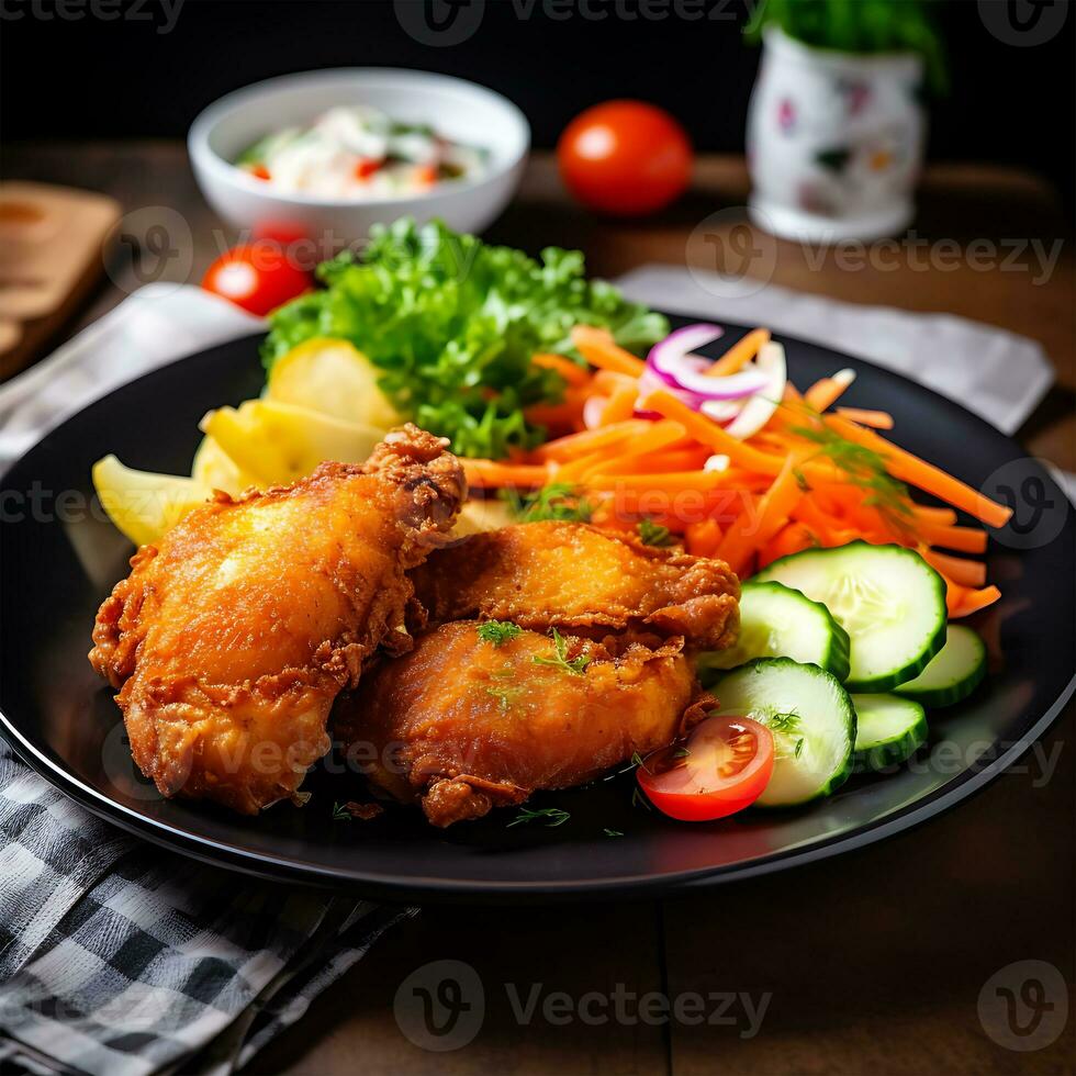 frisch Hähnchen knusprig gebraten auf ein Teller mit Salat foto