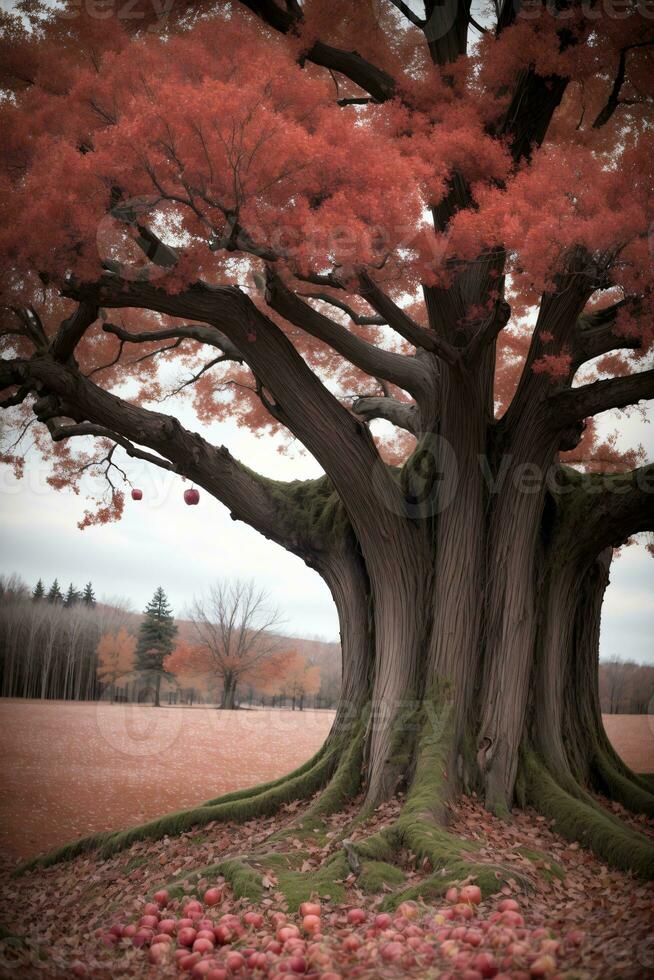 ein groß Baum mit viele von rot Blätter. ai generiert foto