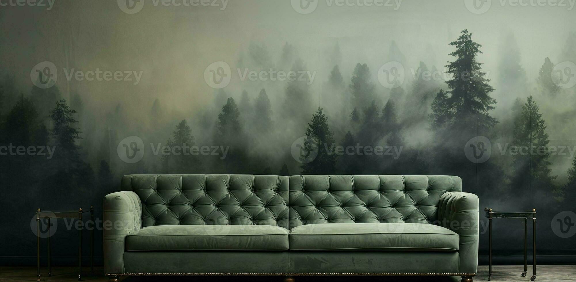 generativ ai, Innere Design mit Couch, Sofa und Hintergrund von Tanne Wald schön Landschaft im Hipster Jahrgang retro Stil, nebelig Berge und Bäume. foto
