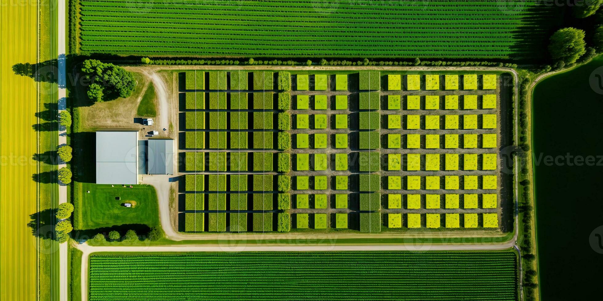 generativ ai, Bauernhof Landschaft, landwirtschaftlich Felder, schön Landschaft, Land Straße. Natur Illustration, fotorealistisch oben Aussicht Drohne, horizontal Banner. foto