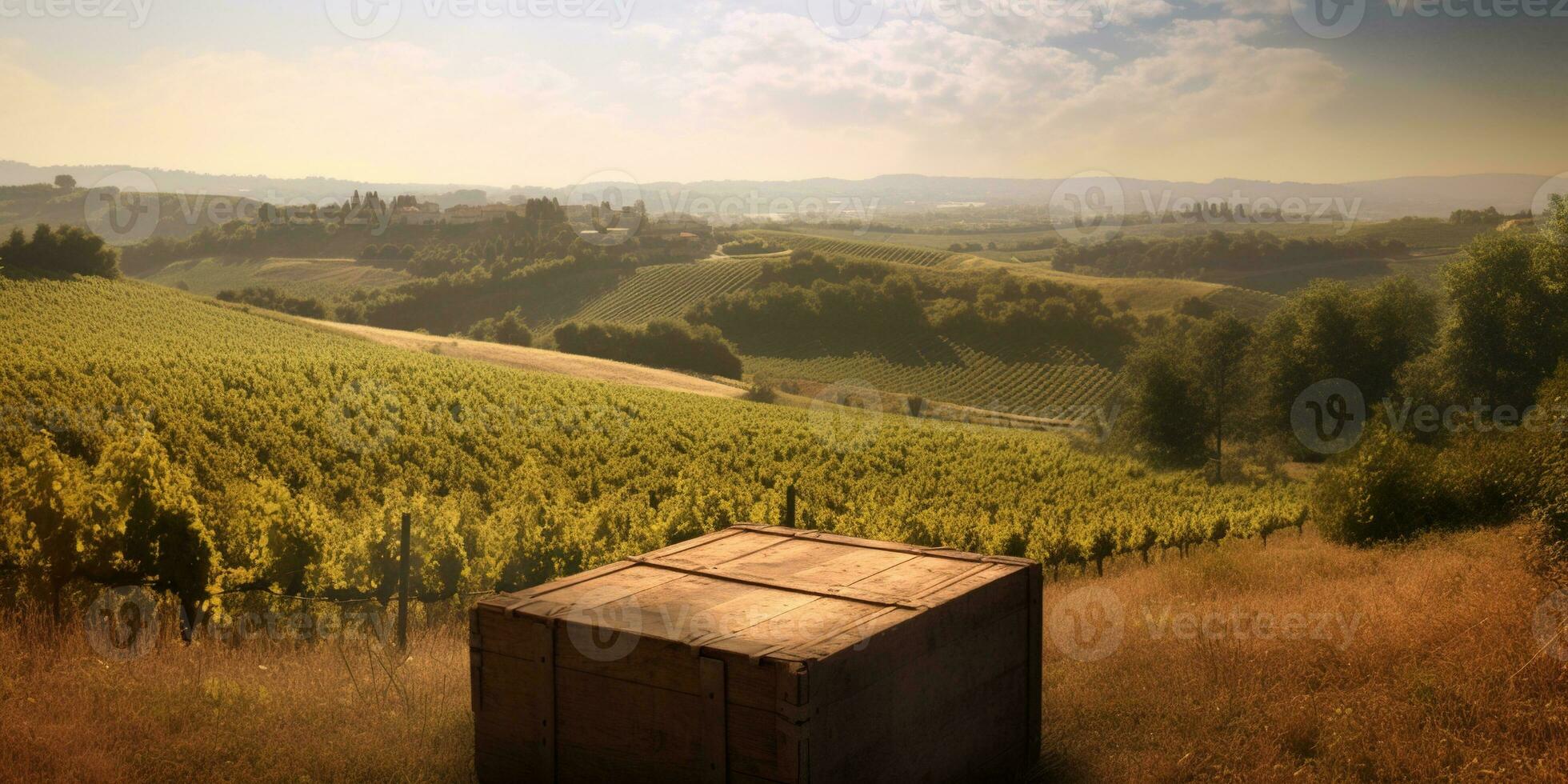 generativ ai, schön Weinberg mit hölzern Fässer, Grün Landschaft. Reihen von Reben auf Sonnenuntergang foto