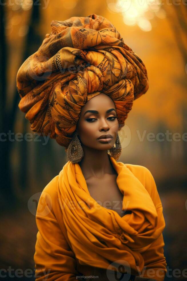 Foto von emotional dynamisch Pose afrikanisch Frau im Herbst ai generativ