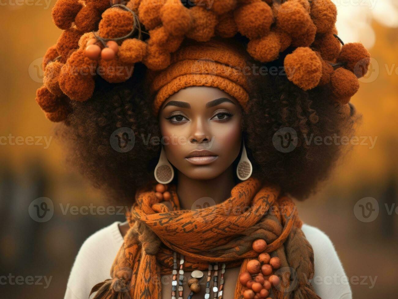 Foto von emotional dynamisch Pose afrikanisch Frau im Herbst ai generativ