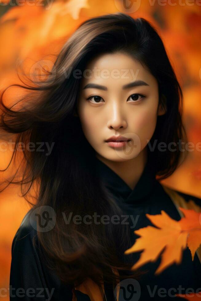 Foto von emotional dynamisch Pose asiatisch Frau im Herbst ai generativ