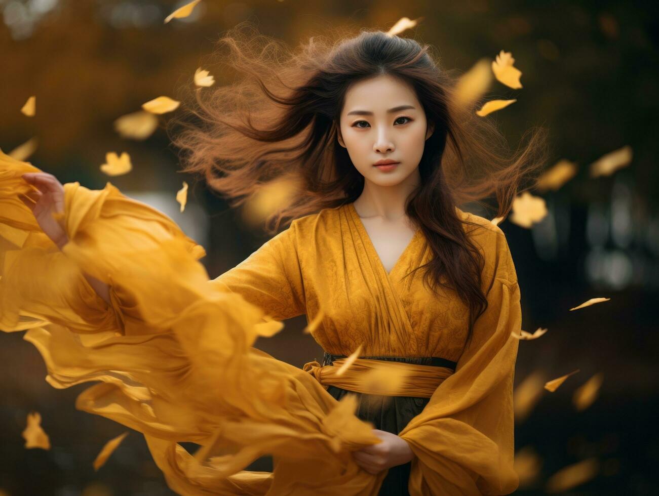 Foto von emotional dynamisch Pose asiatisch Frau im Herbst ai generativ