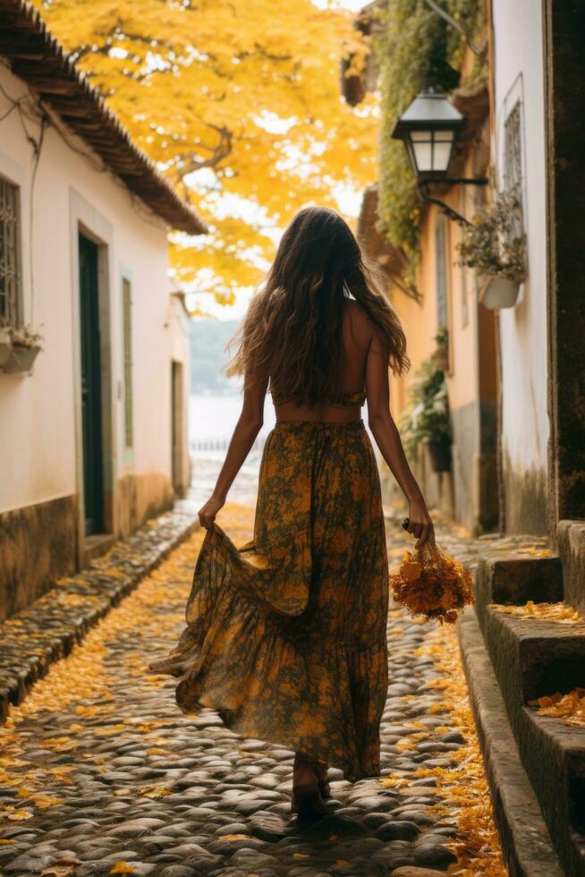 Foto von emotional dynamisch Pose Brasilianer Frau im Herbst ai generativ