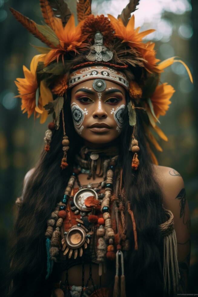 Foto von emotional dynamisch Pose Brasilianer Frau im Herbst ai generativ