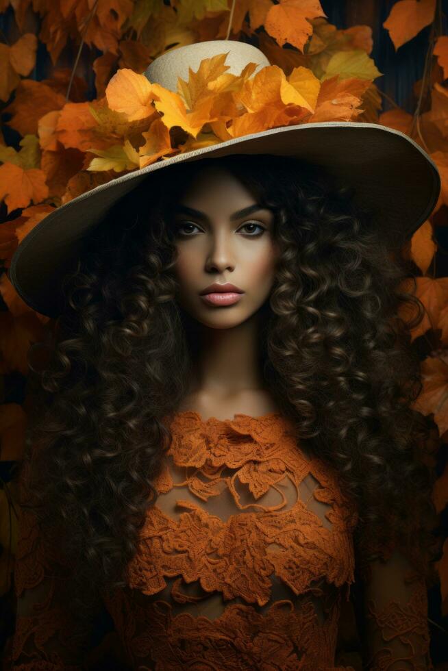 Foto von emotional dynamisch Pose Brasilianer Frau im Herbst ai generativ