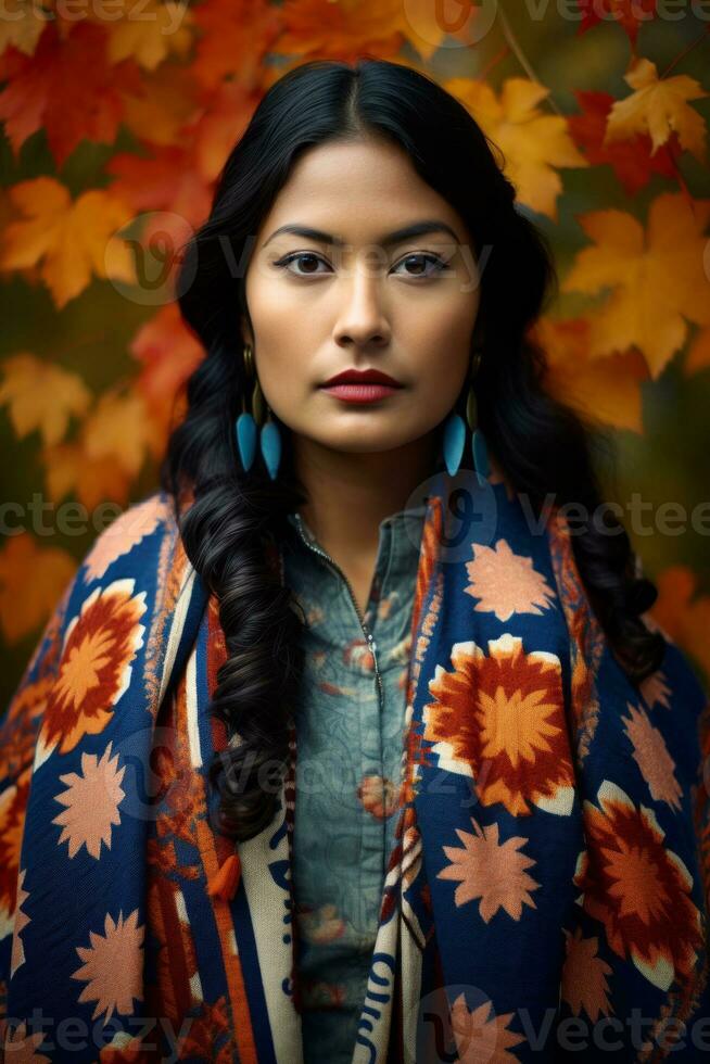 Foto von emotional dynamisch Pose Mexikaner Frau im Herbst ai generativ