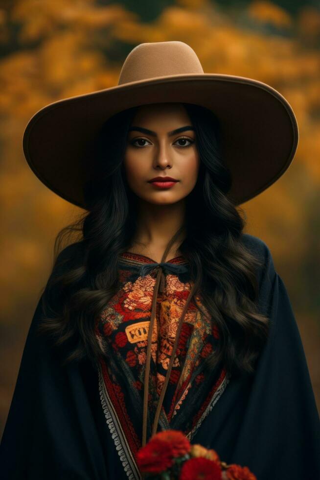 Foto von emotional dynamisch Pose Mexikaner Frau im Herbst ai generativ