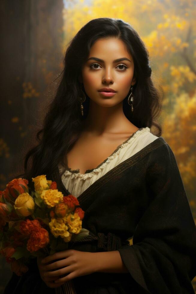 Foto von emotional dynamisch Pose Mexikaner Frau im Herbst ai generativ