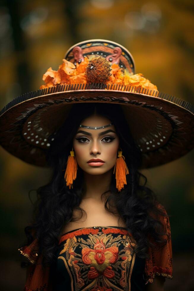 Foto von emotional dynamisch Pose Mexikaner Frau im Herbst ai generativ