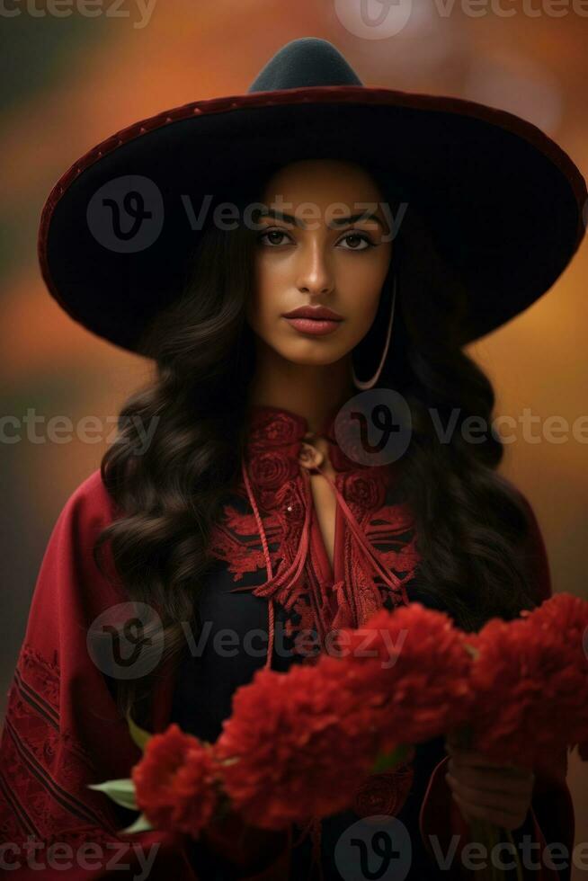 Foto von emotional dynamisch Pose Mexikaner Frau im Herbst ai generativ