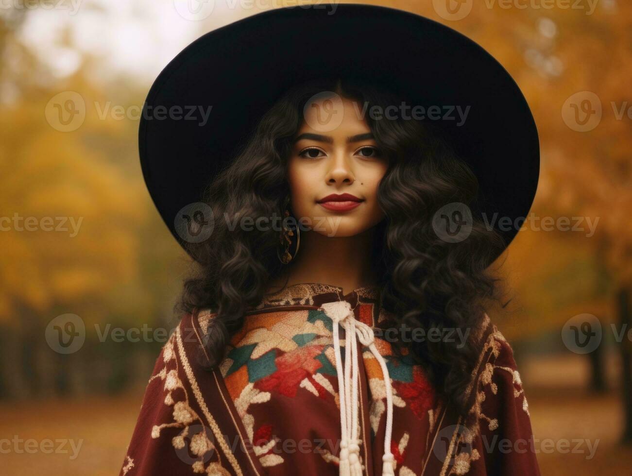 Foto von emotional dynamisch Pose Mexikaner Frau im Herbst ai generativ