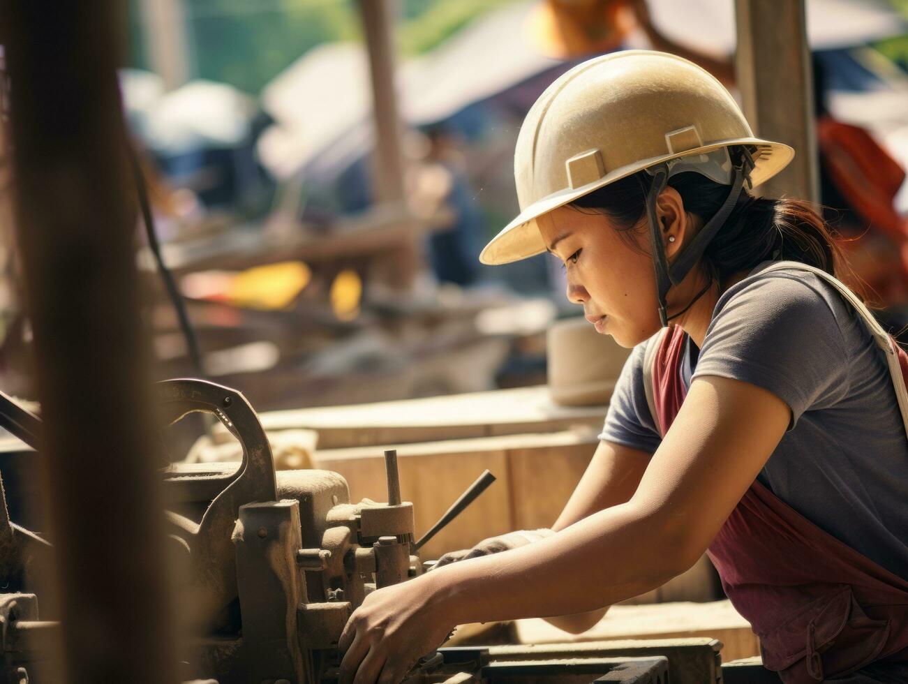 Foto Schuss von ein natürlich Frau Arbeiten wie ein Konstruktion Arbeiter ai generativ