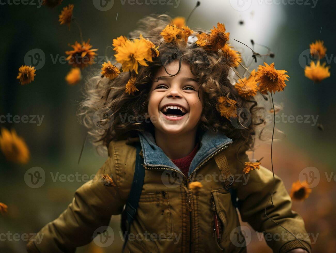 emotional dynamisch Pose Brasilianer Kind im Herbst ai generativ foto