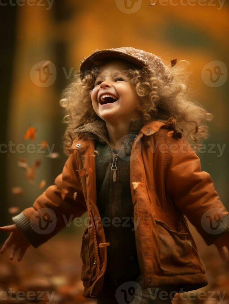 emotional dynamisch Pose Brasilianer Kind im Herbst ai generativ foto