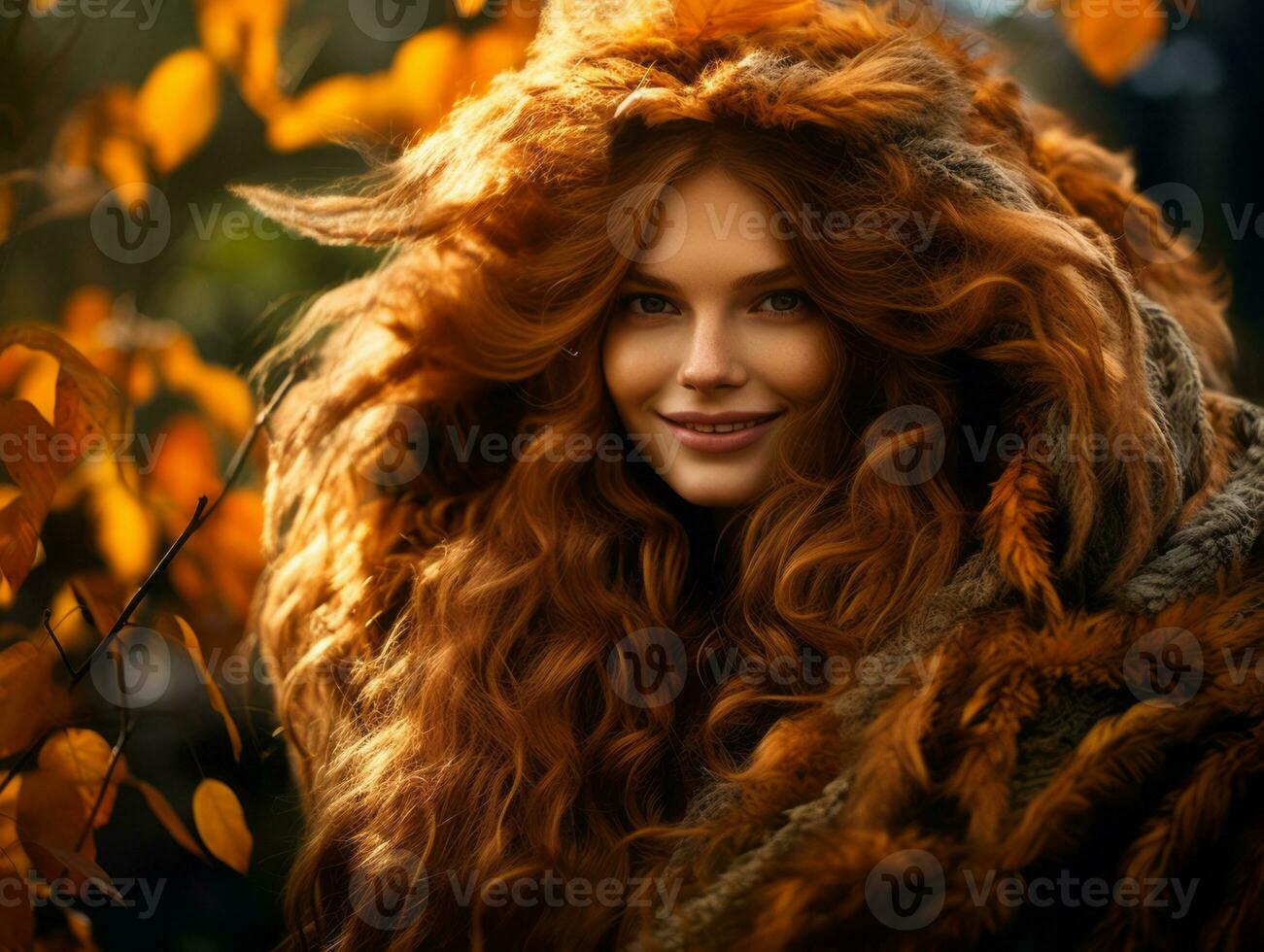 europäisch Frau im emotional dynamisch Pose auf Herbst Hintergrund ai generativ foto