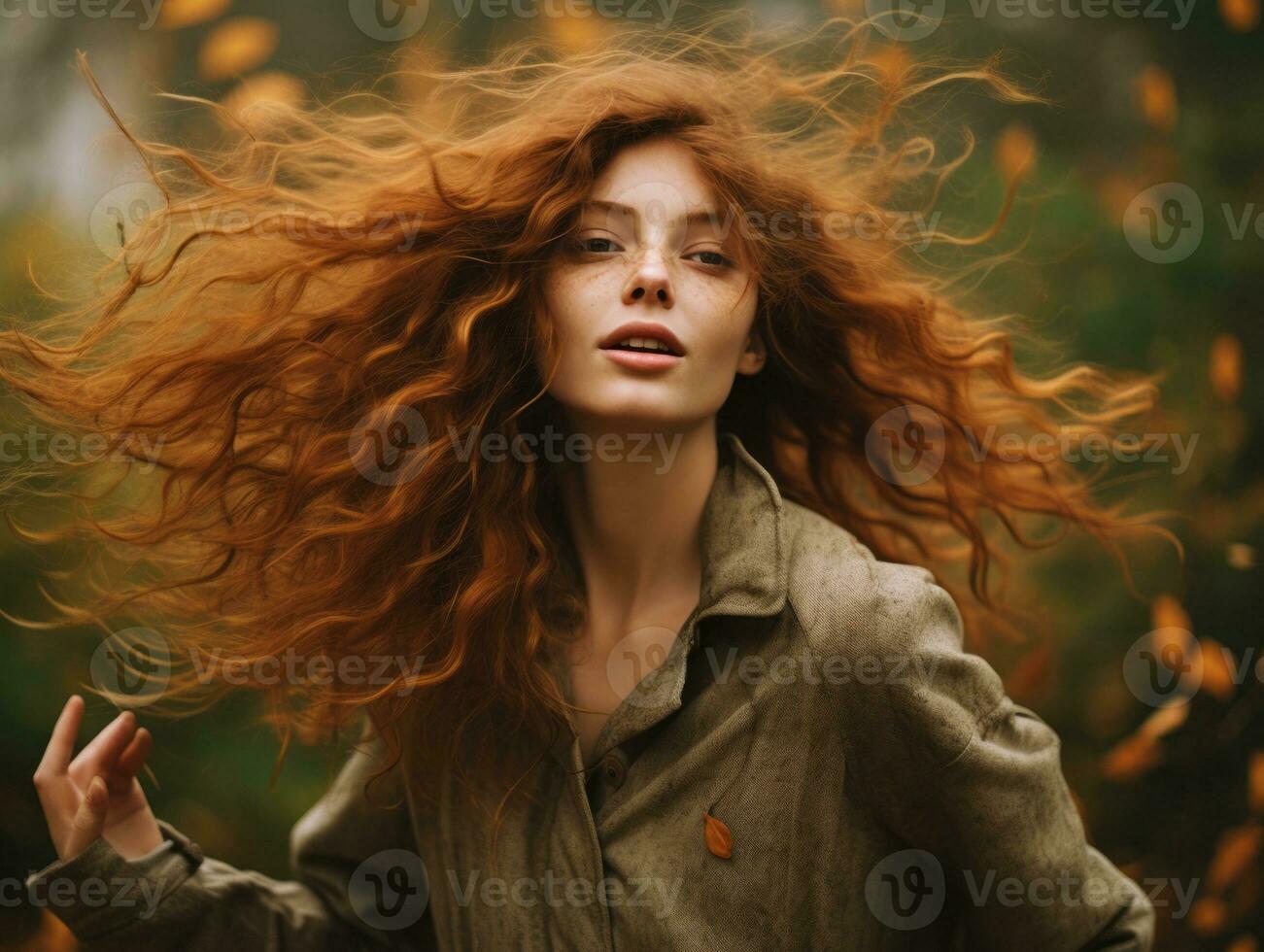 europäisch Frau im emotional dynamisch Pose auf Herbst Hintergrund ai generativ foto