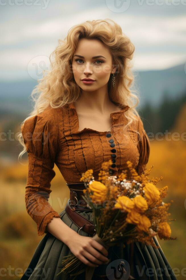 europäisch Frau im emotional dynamisch Pose auf Herbst Hintergrund ai generativ foto