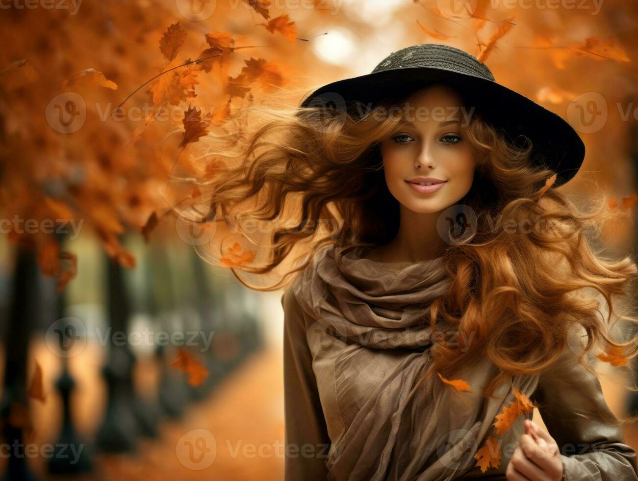 europäisch Frau im emotional dynamisch Pose auf Herbst Hintergrund ai generativ foto