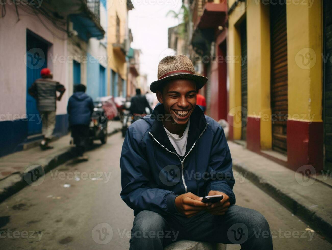 Teenager von Kolumbien mit ein Smartphone zum spielen Spiele ai generativ foto