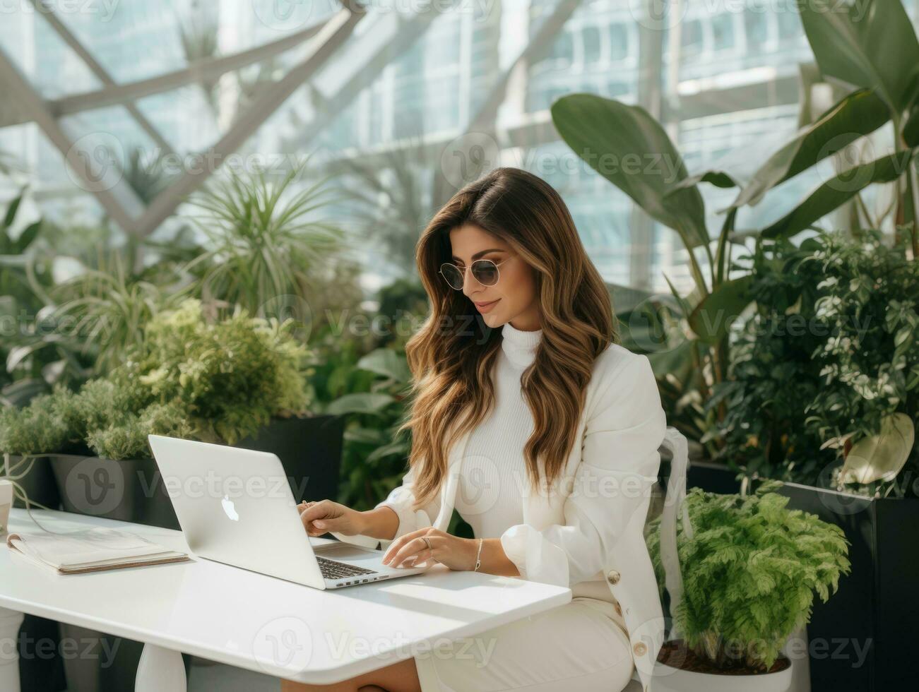 Frau von Kolumbien Arbeiten auf ein Laptop im ein beschwingt städtisch Rahmen ai generativ foto