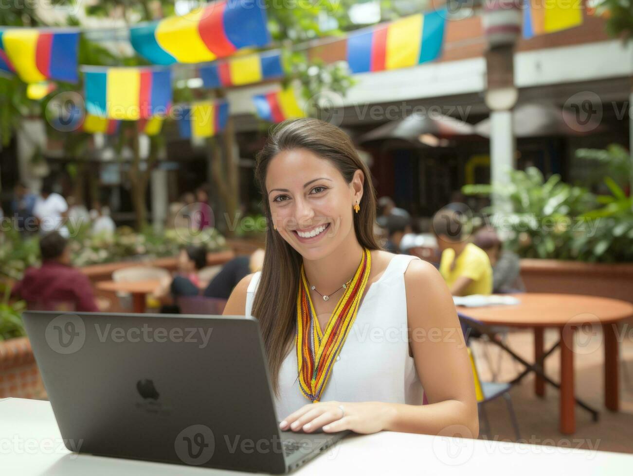 Frau von Kolumbien Arbeiten auf ein Laptop im ein beschwingt städtisch Rahmen ai generativ foto