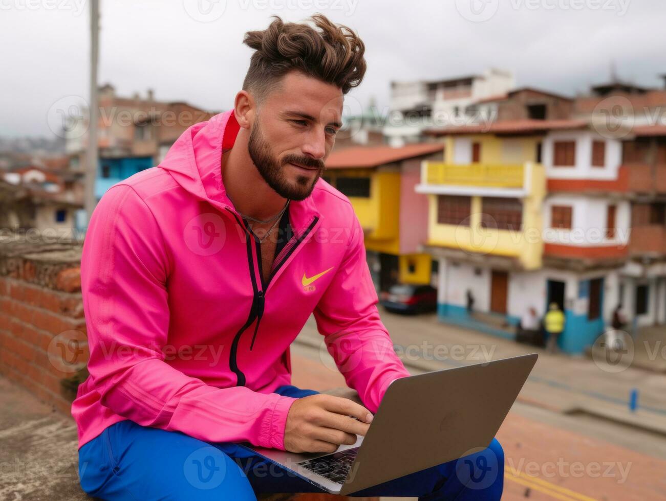 kolumbianisch Mann Arbeiten auf ein Laptop im ein beschwingt städtisch Rahmen ai generativ foto