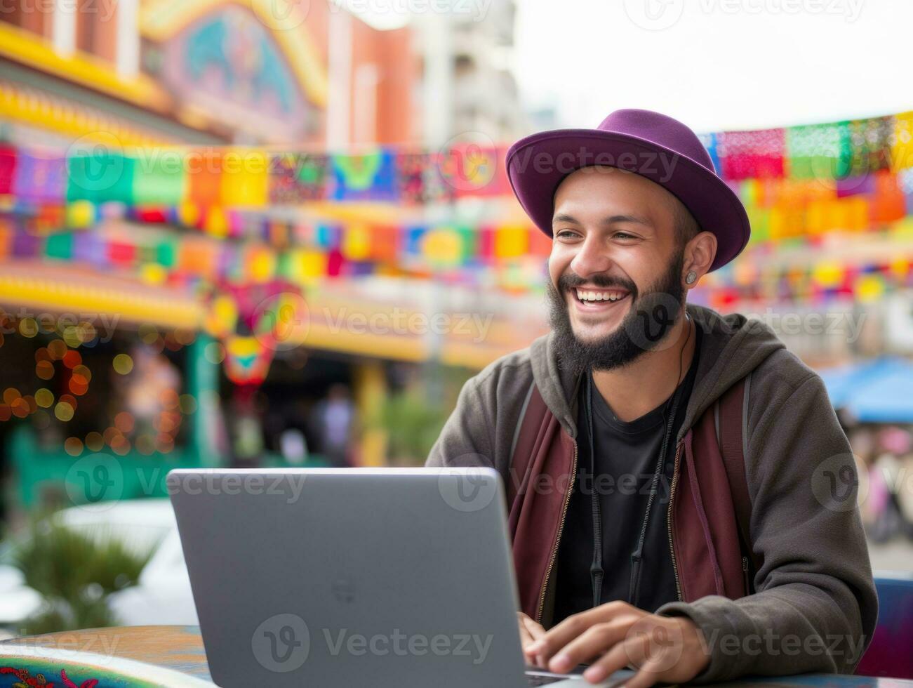 kolumbianisch Mann Arbeiten auf ein Laptop im ein beschwingt städtisch Rahmen ai generativ foto