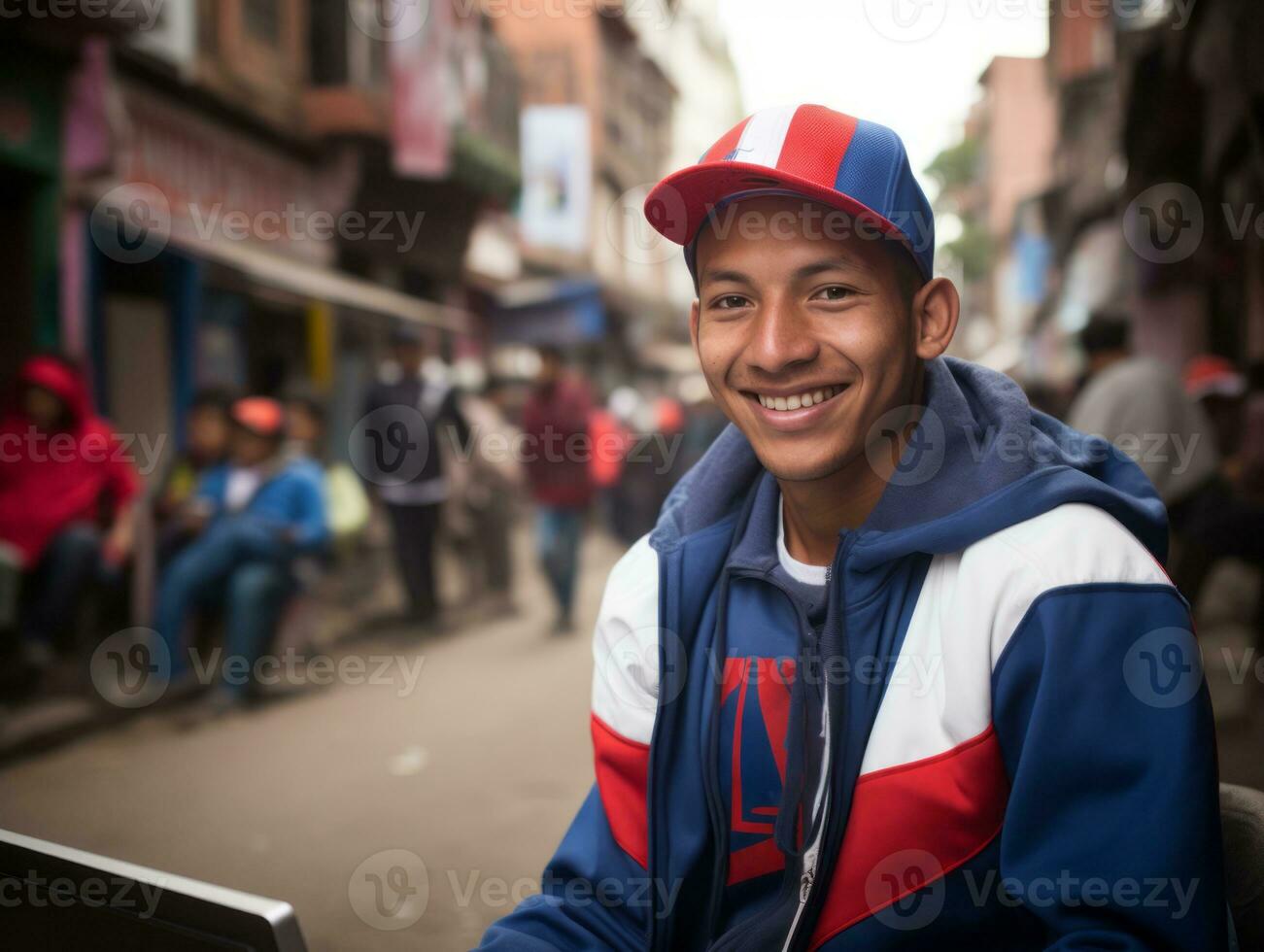 kolumbianisch Teenager Arbeiten auf ein Laptop im ein beschwingt städtisch Rahmen ai generativ foto