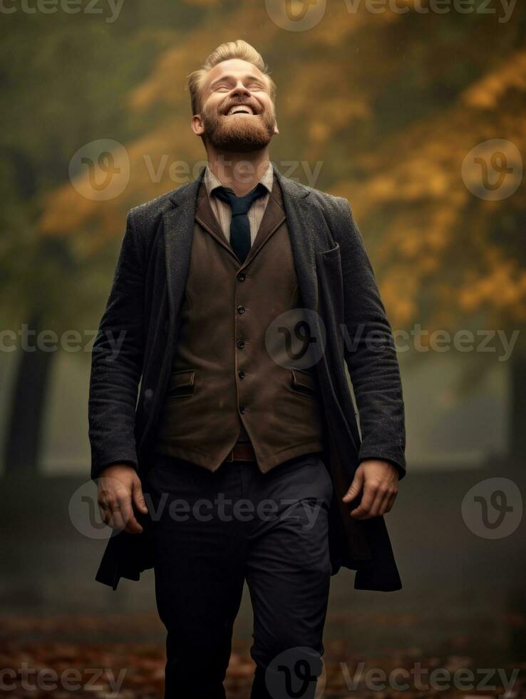 europäisch Mann im emotional dynamisch Pose auf Herbst Hintergrund ai generativ foto