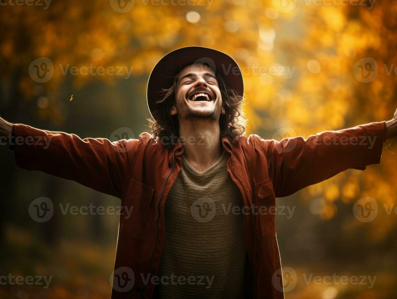 europäisch Mann im emotional dynamisch Pose auf Herbst Hintergrund ai generativ foto