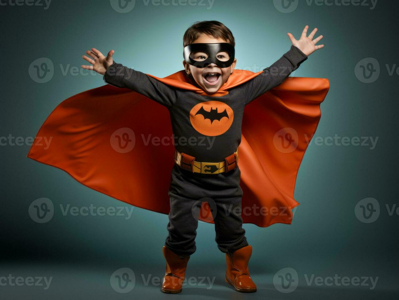 Kind im ein Halloween Kostüm mit ein spielerisch Pose ai generativ foto