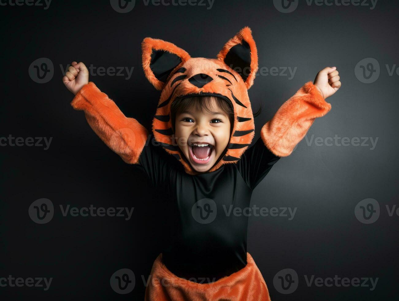 Kind im ein Halloween Kostüm mit ein spielerisch Pose ai generativ foto