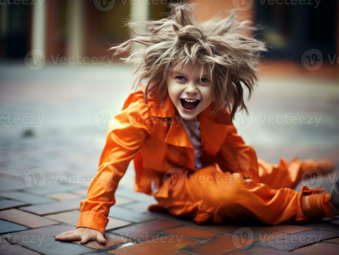 Kind im ein Halloween Kostüm mit ein spielerisch Pose ai generativ foto